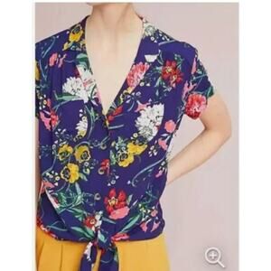 Maeve Anthropologie Blue Floral Tie Front Shirt 00P